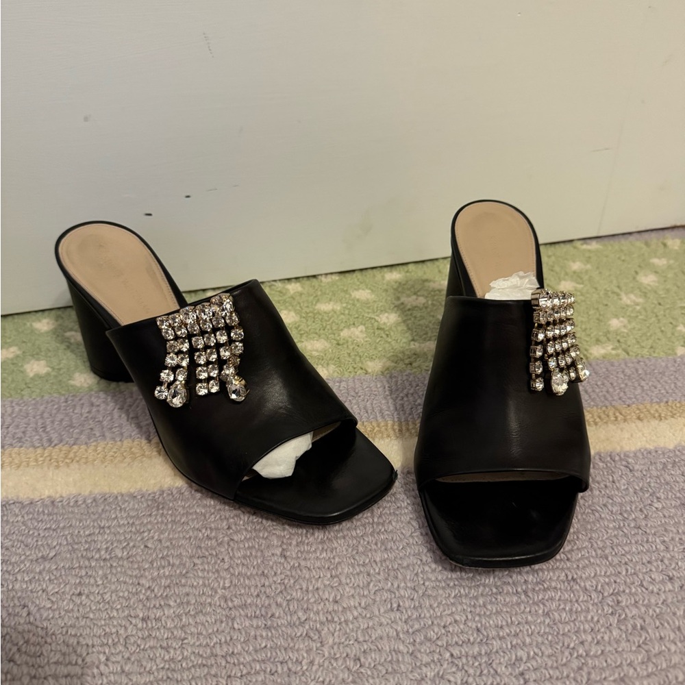 Stuart Weitzman Theone Black Leather Open Toe Block Heel Slides Sandals Size 8